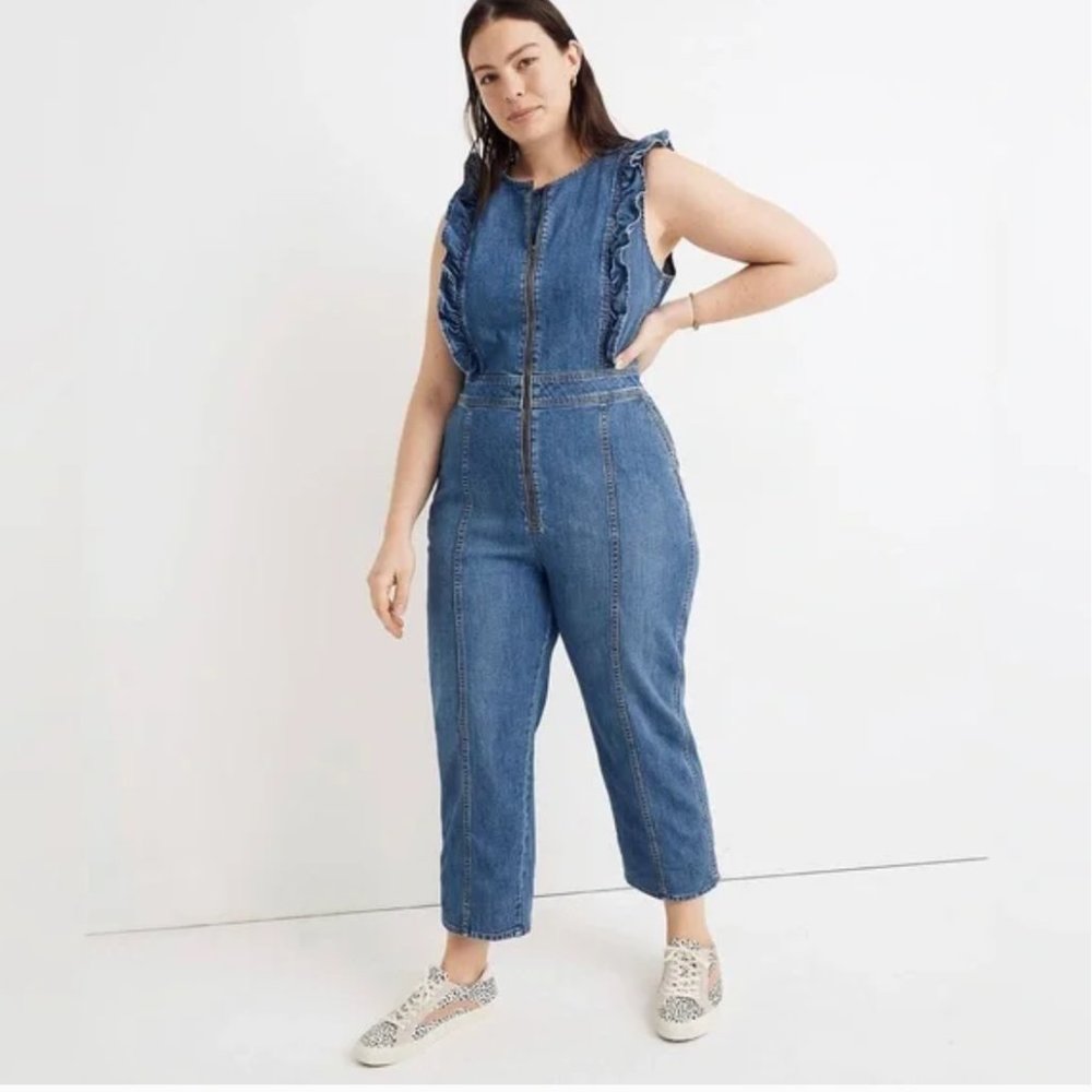 Madewell Denim Ruffle Sleeve Zip-Front Jumpsuit Size OO